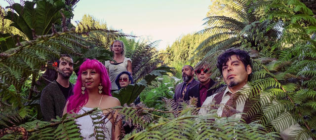 a group of seven humans emerging from a tropical setting